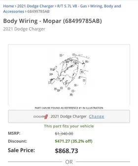 68499783ab Dodge Oem 2018-2023 2021 Chager Body Wiring Harness With Fuse Box
